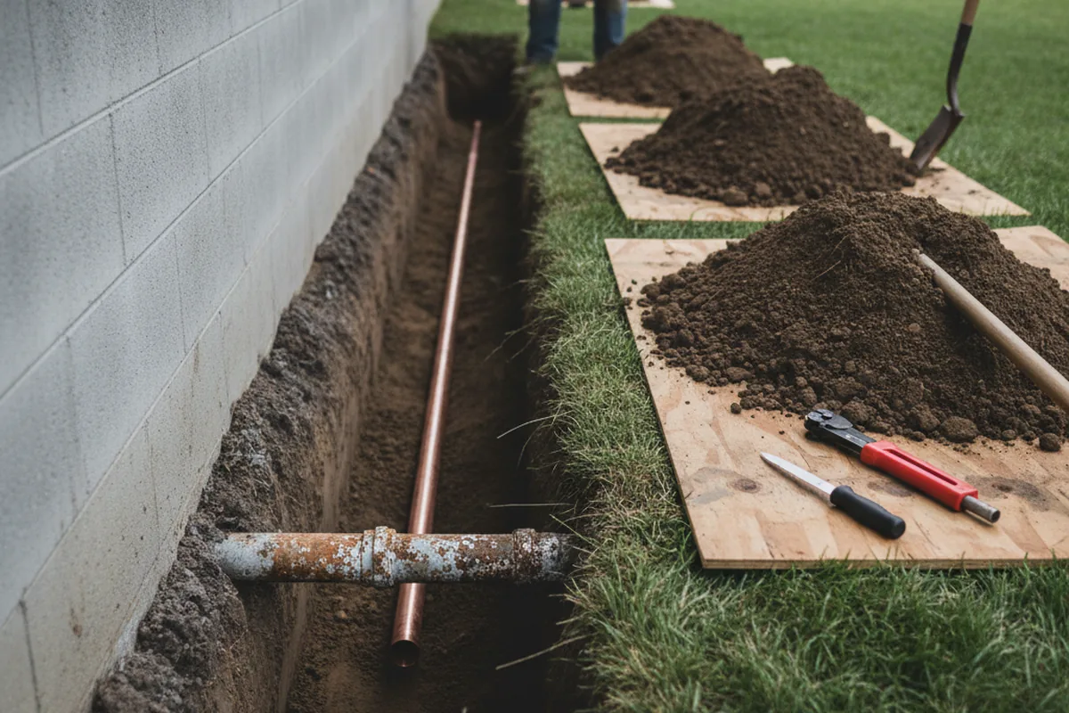 Excavated water line trench during Sewer Line Repair in Patrick Springs